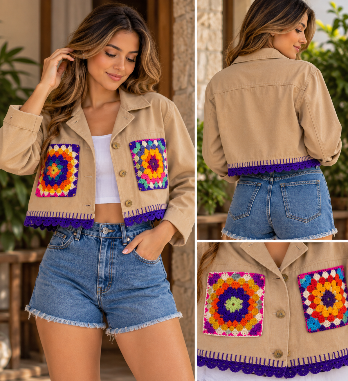 Chaqueta Beige Artesanal con Crochet