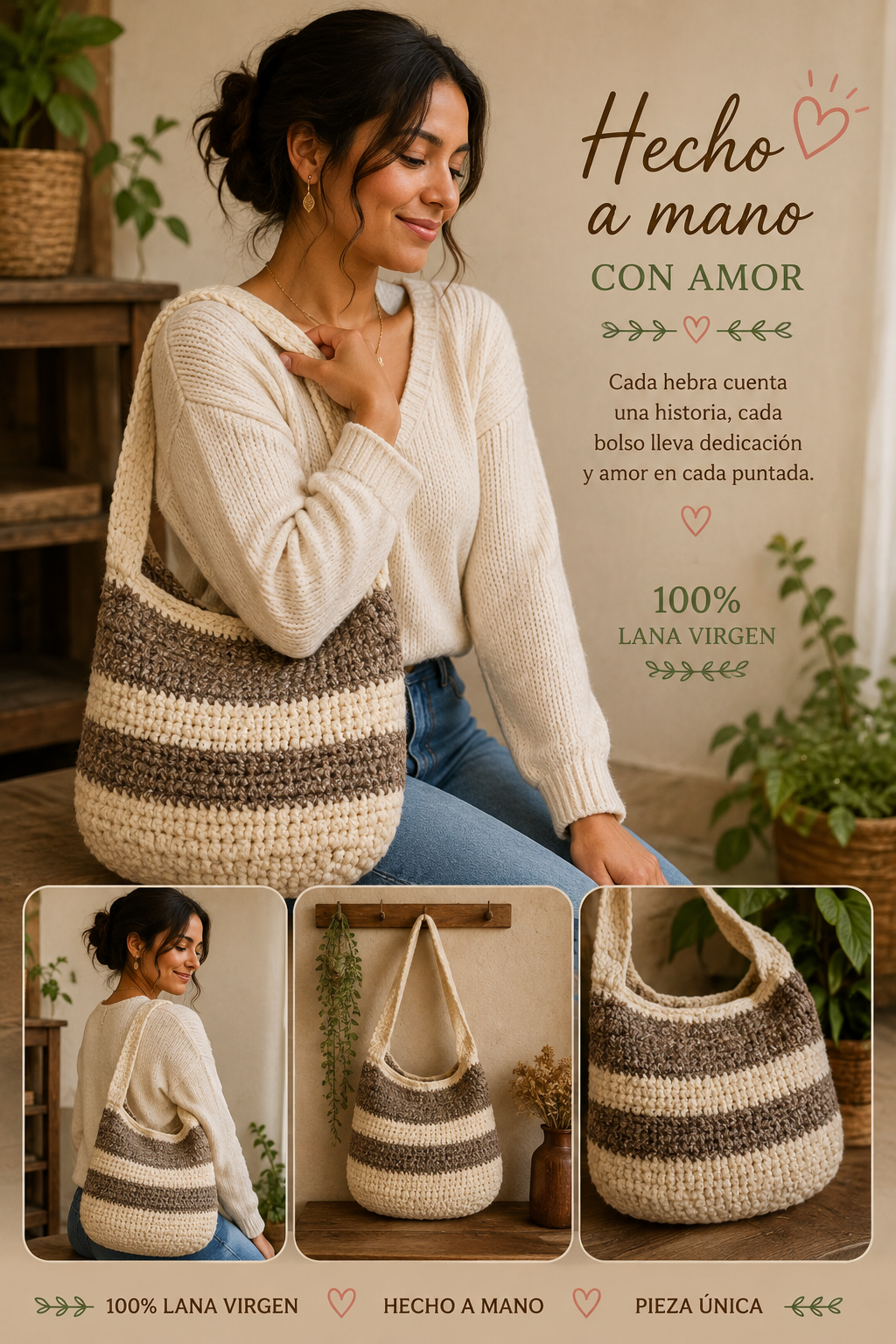 Bolso Artesanal de Lana Virgen – Natural y Marrón